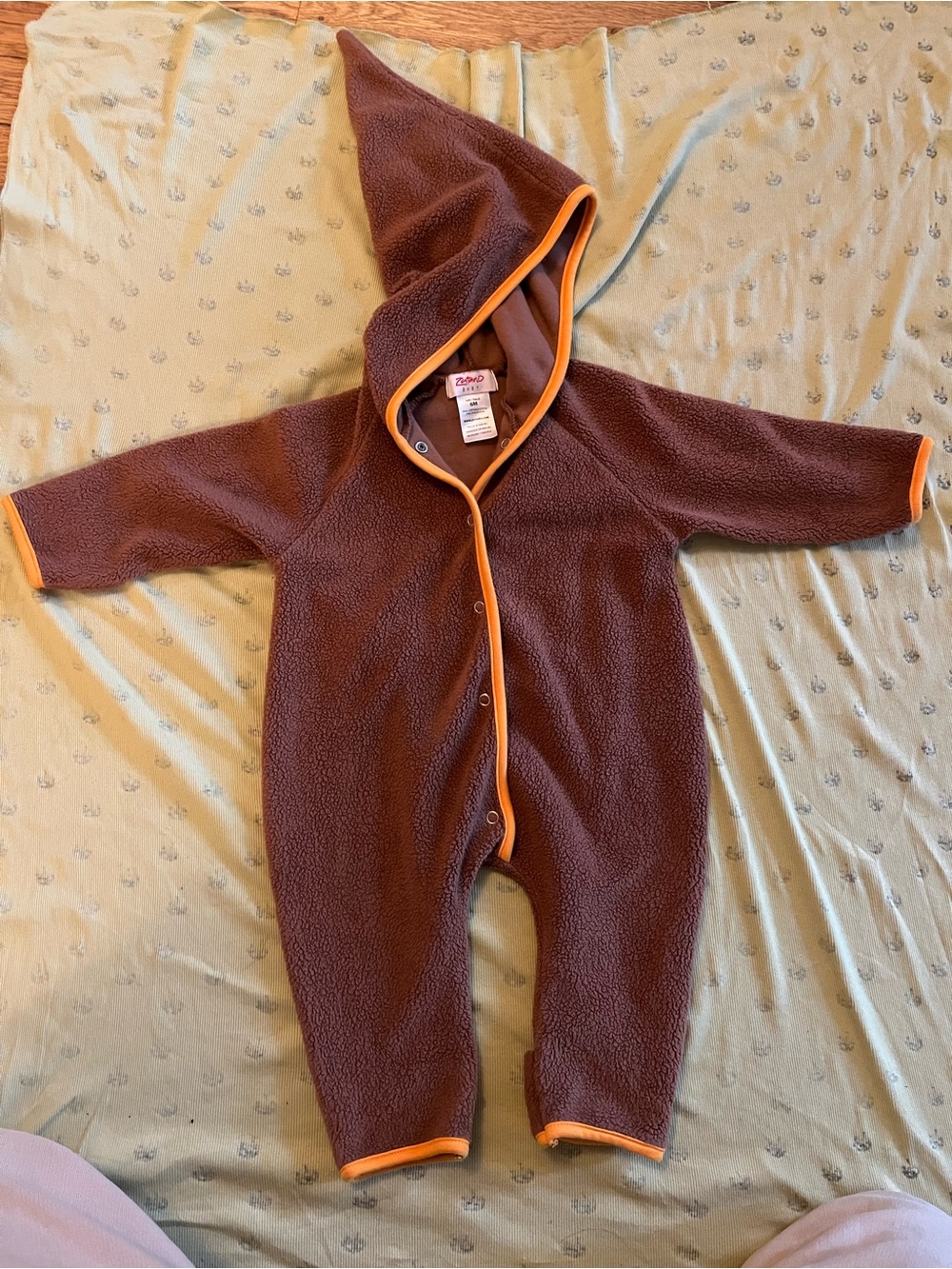 Zutano Brown Fleece Hooded One-Piece with Orange Trim